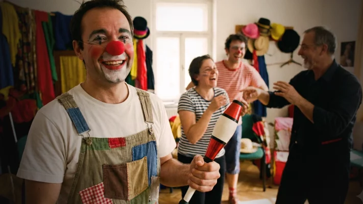 Atelier Clown Academy en intérieur au Luxembourg – collaborateur déguisé en clown souriant avec collègues riant en arrière-plan, activité team building teambuildings.lu