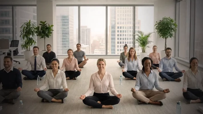 Collaborateurs pratiquant le yoga en intérieur lors d’un atelier Zen Attitude au Luxembourg – activité bien-être et team building teambuildings.lu
